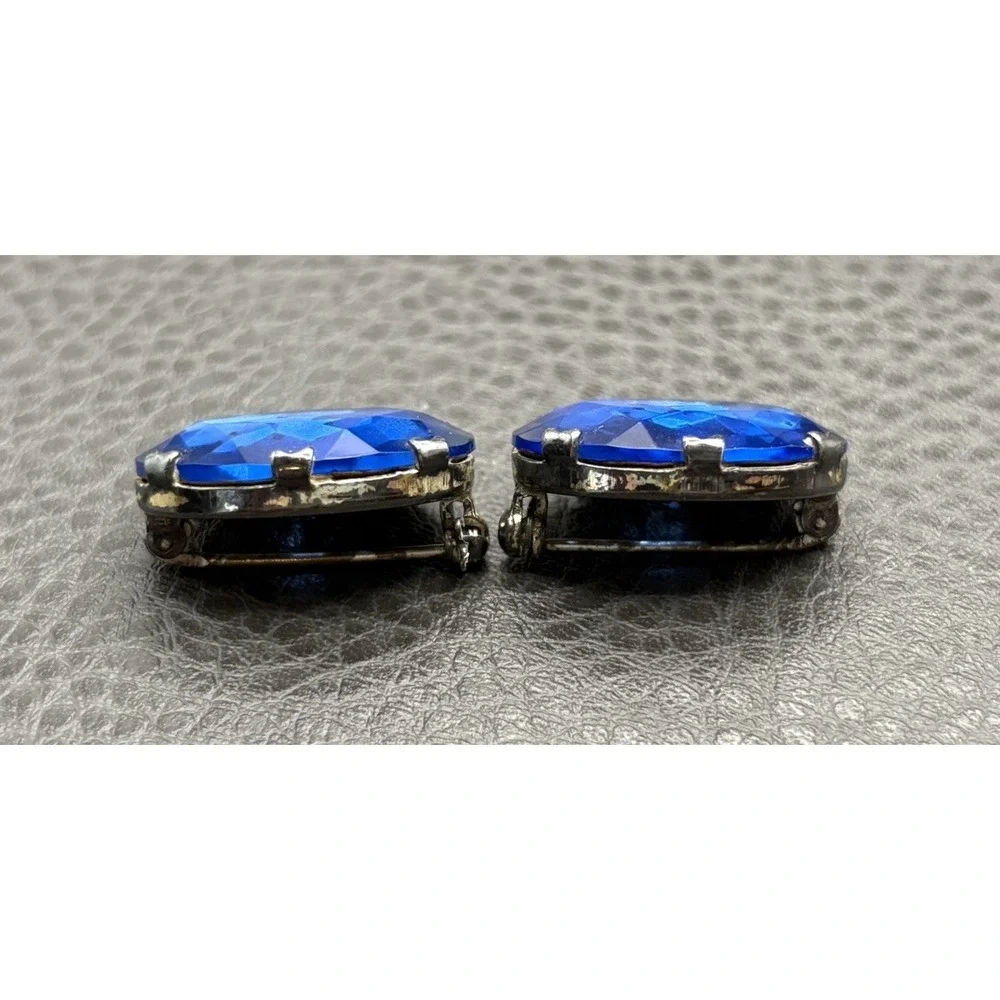 Vintage Art Deco Sterling Silver Set Of 2 Cobalt Blue Pronged Rhinestone Pins
